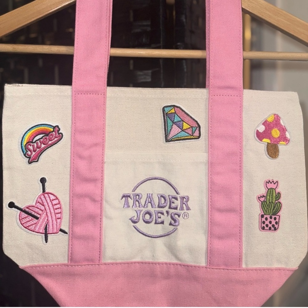 Trader Joe's✨🩷💛Pink and Cream Tote Bag with cute patches - Picture 3 of 4
